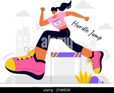 Vektor-Illustration eines Athleten, der Hürden läuft und einen langen Sprung in einem Sportwettbewerb mit einem Hindernisrennen in einem flachen Hintergrund durchführt Stock Vektor