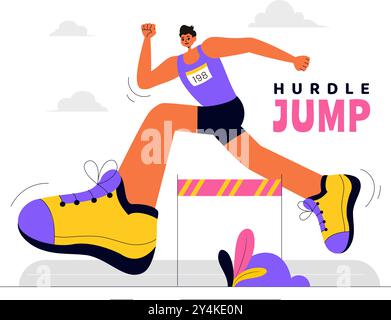 Vektor-Illustration eines Athleten, der Hürden läuft und einen langen Sprung in einem Sportwettbewerb mit einem Hindernisrennen in einem flachen Hintergrund durchführt Stock Vektor