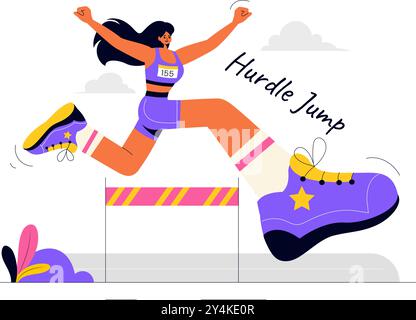 Vektor-Illustration eines Athleten, der Hürden läuft und einen langen Sprung in einem Sportwettbewerb mit einem Hindernisrennen in einem flachen Hintergrund durchführt Stock Vektor