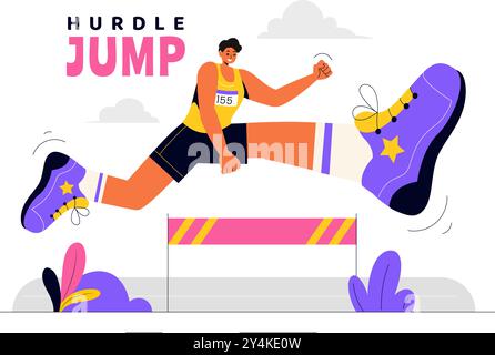 Vektor-Illustration eines Athleten, der Hürden läuft und einen langen Sprung in einem Sportwettbewerb mit einem Hindernisrennen in einem flachen Hintergrund durchführt Stock Vektor