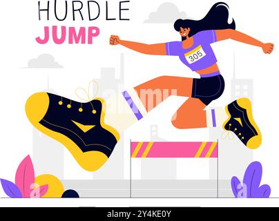 Vektor-Illustration eines Athleten, der Hürden läuft und einen langen Sprung in einem Sportwettbewerb mit einem Hindernisrennen in einem flachen Hintergrund durchführt Stock Vektor