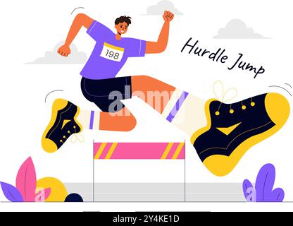 Vektor-Illustration eines Athleten, der Hürden läuft und einen langen Sprung in einem Sportwettbewerb mit einem Hindernisrennen in einem flachen Hintergrund durchführt Stock Vektor