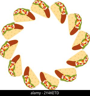 Taco mit Salsasauce und Fleisch traditionelles mexikanisches Fast Food mit rundem Rahmen. Kopierbereich. Isolierte Vektor-Illustration Grußkarten Poster, Banner, Broschüre, Grüße, Tag, Label oder Web Stock Vektor