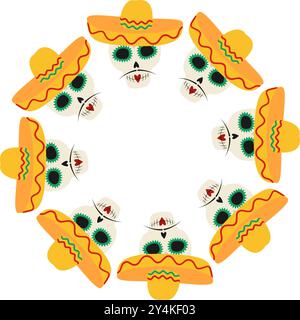 Zuckerschädel mit Schnurrbart und Sombrero Round in Frame Border. Begrüßungs- oder Schriftenkonzept. Kopierbereich. Isolierte Vektor-Illustrationskarten, Poster, Flyer, Faltblatt, Banner, Label oder Web, Werbeaktion, Textidee Stock Vektor