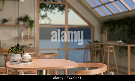 Nahaufnahme eines minimalistischen Holztisches und Sessels in einem skandinavischen Coffee Shop mit großem Fenster mit Blick auf den See. 3D-Rendering, 3D il Stockfoto