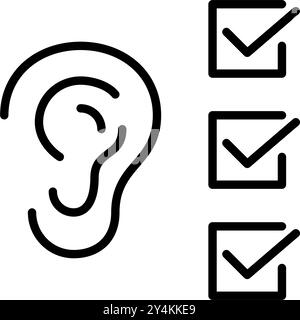 EAR und Liste der Häkchen. Gehörbeurteilung, regelmäßige Untersuchung oder aktiver Hörtest. Pixelperfektes, bearbeitbares Konturvektorsymbol Stock Vektor