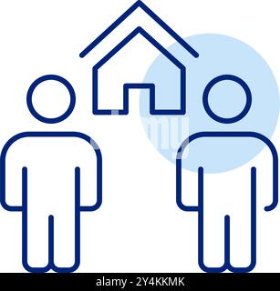 Zwei Leute und ein Haus zwischen ihnen. Geteiltes Wohnen, Wohneigentum oder Mietverträge. Pixelperfektes, bearbeitbares Konturvektorsymbol Stock Vektor