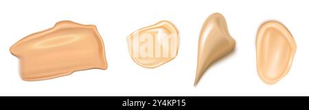 Foundation Creme Farbmuster isoliert auf weißem Hintergrund. Vektor-realistische Illustration von hellbeigen Concealer-Proben, Make-up Kosmetik-Produkt, natürliche beige Farbstriche Palette, glänzende Textur Stock Vektor