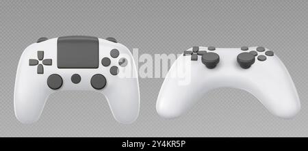 Videospiel-Controller isoliert auf transparentem Hintergrund. Vektorrealistische Darstellung des weißen 3D-Joysticks mit schwarzen Tasten von oben und von der Seite, Stock Vektor