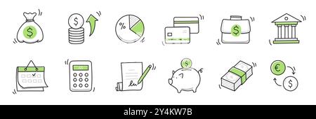 Money Finance Doodle Hand gezeichnetes Symbol Set. Finanzgeschäft, Geld, Bankskizze gezeichnet süße trendige Doodle-Ikone. Business Bank Sketch Rechner, erhöhen Sie die wirtschaftlichen Ziele Elemente. Vektorabbildung Stock Vektor