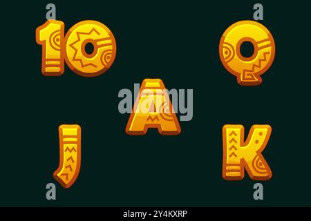 Satz goldener Slot-Symbole - Ass, Königin, König, 10, Jack. Symbole im Maya- oder Aztec-Stil für 2D-Spiele und Casino oder Slots. Grafikelemente für die Stock Vektor