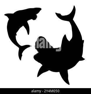 Der prähistorische Hai Megalodon greift den Hubschrauber an. Kampf zwischen Raubfischen. Schwarze Silhouettenzeichnung. Stockfoto