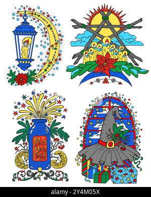 Hand gezeichnete Vektor-Illustration mit bunten Emblemen der Laterne, Pentagramm, Flasche und Hexenhut auf weiß. Esoterisches, gotisches und mystisches Objekt oder Elem Stock Vektor