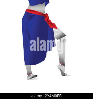 Kreative Vektorlinie Kunst Illustration von Frauen in blauem Kleid und roten Schuhen Stock Vektor
