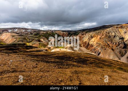 Die vielfarbigen Rhyolith-Berge, riesige Lavaausdehnungen und heiße Quellen in der Bergregion Landmannalaugar Park in der Nähe des Vulkans Hekla in so Stockfoto