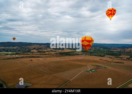 Blick aus der Vogelperspektive auf das Yarra Valley bei Sonnenaufgang (mit mehreren Heißluftballons in Sicht), aufgenommen von der Heißluftballonfahrt, Victoria, Australien Stockfoto