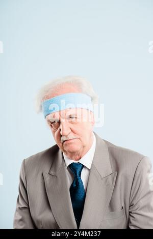 Studio, reifer Geschäftsmann und ernst mit traurigem Gedächtnis, stimmungsvoller und erschöpfter Arbeiter. Mockup-Raum, männliche Person und unglücklich mit weißem Hintergrund Stockfoto