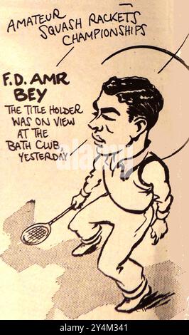 1936 Zeitungscartoon des Squashspielers F D AMR BEY im Bad Club.jpg - 2Y4M3. F.D. Amr Bey (Vollmähne Abdelfattah Amr Bey) war ein ägyptischer Diplomat und Squashspieler. (1909 -1988). Er wurde auch menschlicher Streak des Blitzes genannt. Später wurde er auch als Amr Pascha bekannt und war von 1945 bis 1952 Botschafter im Vereinigten Königreich Stockfoto