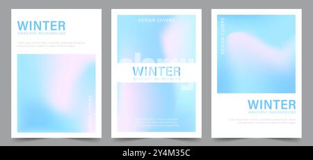 Set mit Hintergründen für Winterverläufe. Moderne Vektorillustration. Irisierende Aura-Karte. Minimalistischer Hintergrund in Pastellfarben für soziale Medien, Visitenkarten oder Stock Vektor