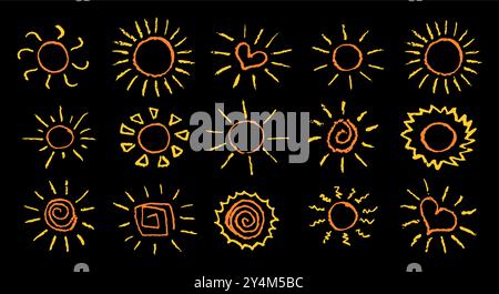 Lustig wie ein Kind, das gelbe Sonne zieht. Kollektion mit Pastellkreiden oder Wachsstift mit sonnigen Ikonen bemalt. Symbole des Sommerhimmels. Raue Kreidestruktur Stock Vektor