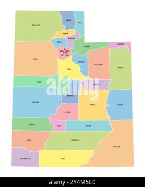 Utah, US-Bundesstaat, unterteilt in 29 Countys, mehrfarbige politische Karte mit Hauptstadt Salt Lake City, Grenzen und County-Namen. Stockfoto