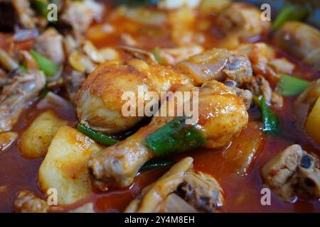 Das scharfe geschmorte Hühnchengericht wird durch das Kochen von Hühnchen, Kartoffeln und Zwiebeln in einer Sauce zubereitet Stockfoto