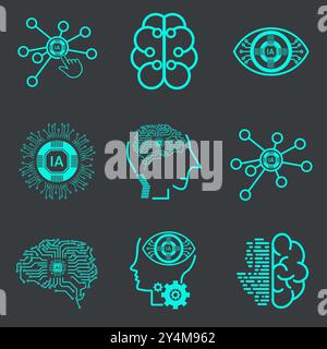 Sammlung von NEUN Technologiesymbolen, wie Roboter, Digital, vr, AI, Cyber- und künstliche Intelligenz Vektorzeilen-Set. Vektor der Gesichtserkennung Stock Vektor