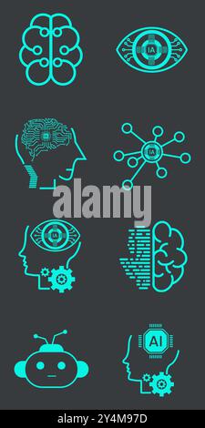 Sammlung von Symbolen für Vektorlinien im Zusammenhang mit künstlicher Intelligenz. Enthält Symbole wie Gesichtserkennung und künstliche Intelligenz Vektor-Illustrat Stock Vektor