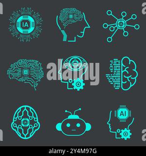 Die Gruppe der Symbole für künstliche Intelligenz, Symbole, Element-UIs, Sammlung von Technologiesymbolen wie Roboter, Digital, vr, KI, Cyber und Vektor Li Stock Vektor