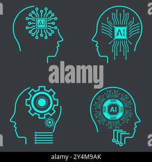 Sammlung von Symbolen für künstliche Intelligenz in Linienform, maschinellem Lernen, intelligentem Roboterkopf und digitaler KI-Technologie für Cloud-Computing-Netzwerke Stock Vektor
