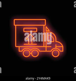 Rot leuchtendes Neonsymbol eines Lieferwagens, der Fracht nach oben transportiert Stock Vektor
