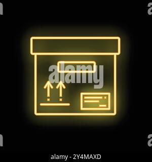 Neonschild, das einen Karton mit einem zerbrechlichen Symbol und einem leeren Etikett darstellt, für Liefer- und E-Commerce-Konzepte Stock Vektor