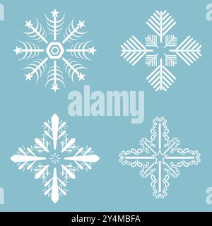 Set von 4 Schneeflocken, Winter Set von weißen Schneeflocken isoliert auf hellblauem Hintergrund. Schneeflocken-Symbole. Schneeflocken-Kollektion für Design Weihnachten Stock Vektor