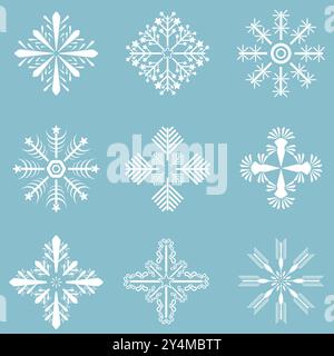 Satz von Vector Schneeflocken, Winter Set von weißen Schneeflocken isoliert auf hellblauem Hintergrund. Schneeflocken-Symbole. Schneeflocken-Kollektion für Design Christma Stock Vektor