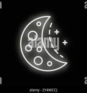 Weißer Neon leuchtender Halbmond mit Kratern und Sternen auf schwarzem Hintergrund Stock Vektor