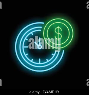 Neonschild mit einer Uhr und einer Dollarmünze, das das Konzept der Zeit als Geld veranschaulicht Stock Vektor