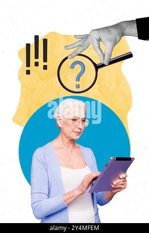 Vertikale Fotocollage von seriösen alten Frauen surfen ereader Suchlinse Symbol Einstellung Kandidaten Zoom Kandidaten lebenslauf isoliert auf gemalten Hintergrund Stockfoto