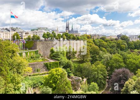 Blick auf die befestigte Altstadt mit der Kathedrale von Luxemburg Stockfoto
