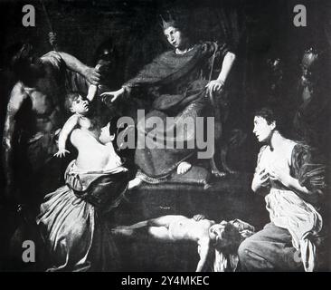 Illustration des Urteils Salomos aus dem Gemälde von Boulogne - zwei Mütter, die im selben Haus lebten, hatten jeweils ein Kind, das eines gestorben war und es war Stockfoto