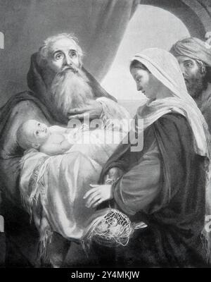 Illustration der Darstellung des Jesuskindes an Simeon im Tempel von Jerusalem (Lukas) Jungfrau Maria mit zwei Tauben aus dem B des Kindes 1902 Stockfoto