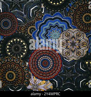 Farbenfroher Hintergrund mit grafischen Mandala-Fliesen-Mustern Stockfoto