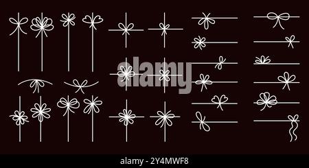 Einfaches Set mit Schleife und Kritzeleien. Isolierte weiße Linie auf schwarzem Hintergrund. Vektorhandzeichnungen bowknot auf Schnur, Linien und Ecken Dekoration Stock Vektor