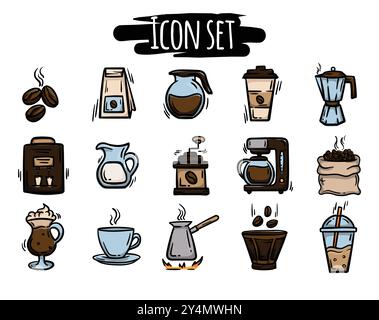 Einfacher Vektor handgezeichneter Symbolsatz in Bezug auf Kaffee, Getränke, Café. Zeichen und Symbole für Kaffeebohnen, Kaffeemaschine Stock Vektor