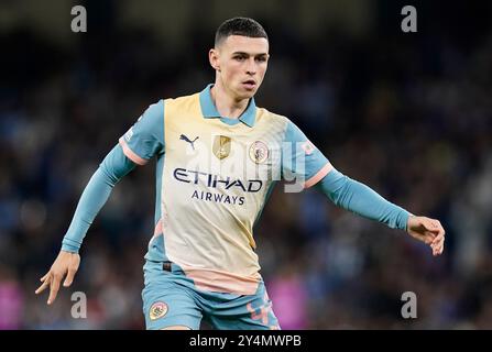 Manchester, Großbritannien. September 2024. Phil Foden von Manchester City während des Spiels der UEFA Champions League im Etihad Stadium in Manchester. Der Bildnachweis sollte lauten: Andrew Yates/Sportimage Credit: Sportimage Ltd/Alamy Live News Stockfoto