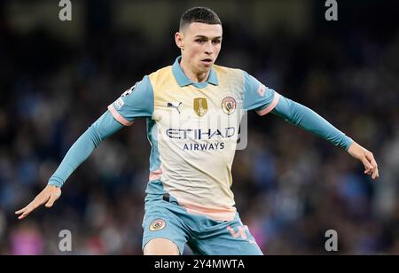 Manchester, Großbritannien. September 2024. Phil Foden von Manchester City während des Spiels der UEFA Champions League im Etihad Stadium in Manchester. Der Bildnachweis sollte lauten: Andrew Yates/Sportimage Credit: Sportimage Ltd/Alamy Live News Stockfoto