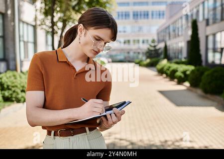 Eine junge, nicht binäre Person konzentriert sich darauf, Notizen in einem ruhigen Innenhof zu machen. Stockfoto