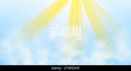 Helle Sonnenstrahlen vor dem Hintergrund weißer Wolken und blauer Himmel. Realistischer 3D-Vektor Stock Vektor
