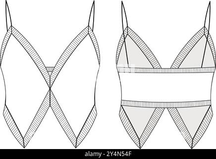 Gerippte Schulter Spaghettiträger verkürzt Ärmellos Pullover Bluse Bustier Strickmode Vorlage technische Zeichnung flache Skizze cad Modell Mode Frau Stock Vektor