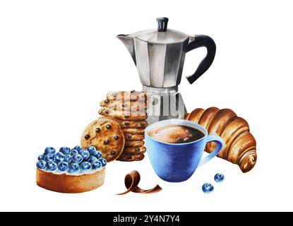 Geysir-Kaffeemaschine, Porzellanbecher mit Americano. Knusprige Croissant-Meringue, Croissant, Schokoladen-Chip-Keks, Blaubeertartlet. Handmalwasser Stockfoto