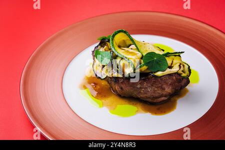 Barbecue trocken gereiftes Wagyu-Filet-Steak mit gegrillter Zucchini Stockfoto